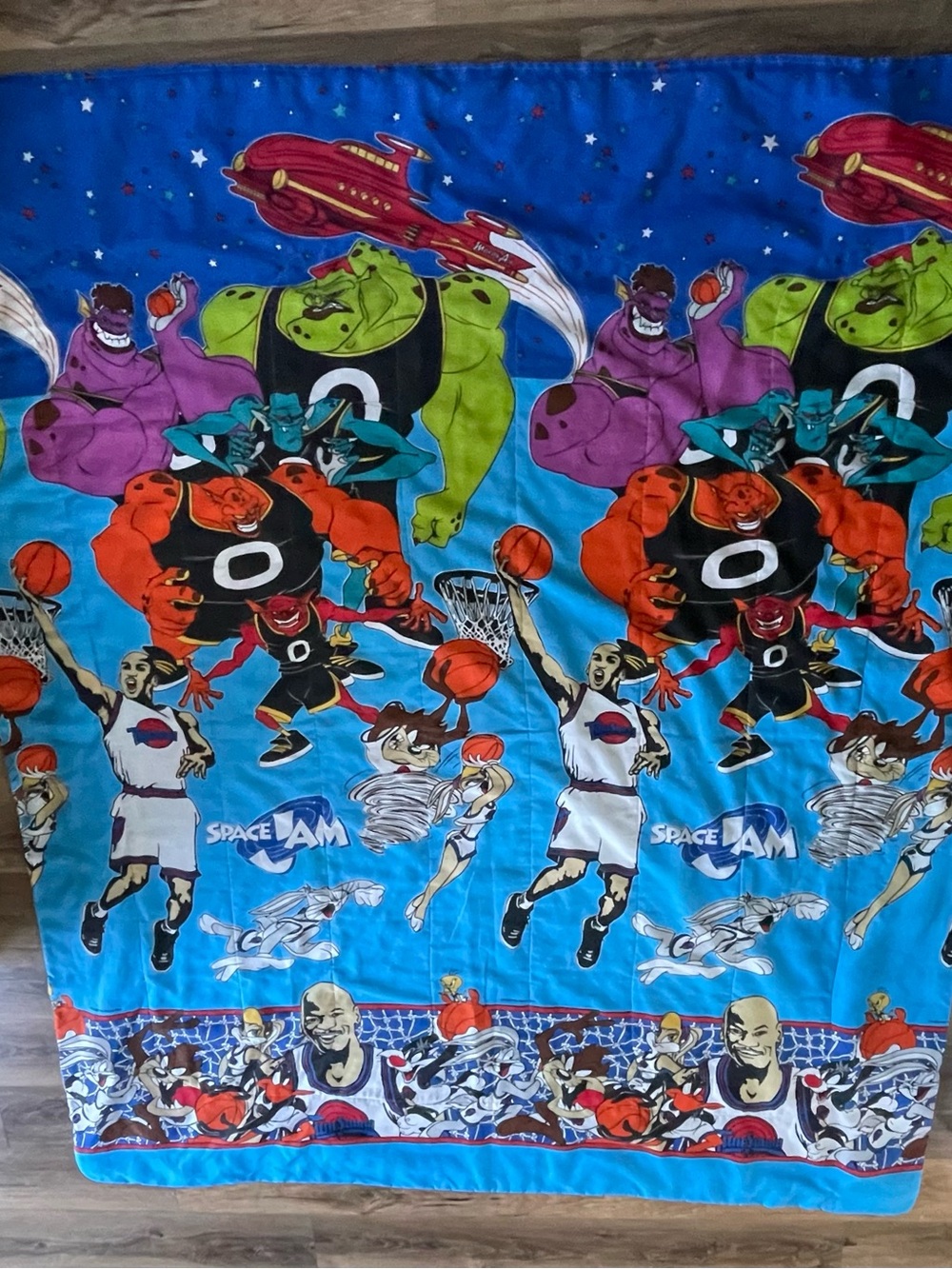 Space Jam Cartoon Basketball Panel Throw Blanket - Blue